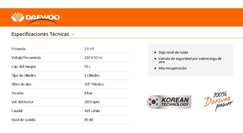 Compresor de aire eléctrico portátil Daewoo Dac Series DAC50D monofásico 50L 2.5hp 220V 50Hz gris