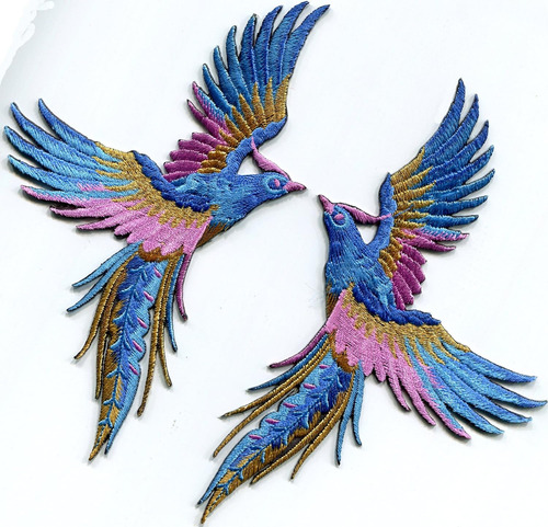 Phoenix Phenix Birds Azul Azul Rosa Oro Bordado Apliques Ter