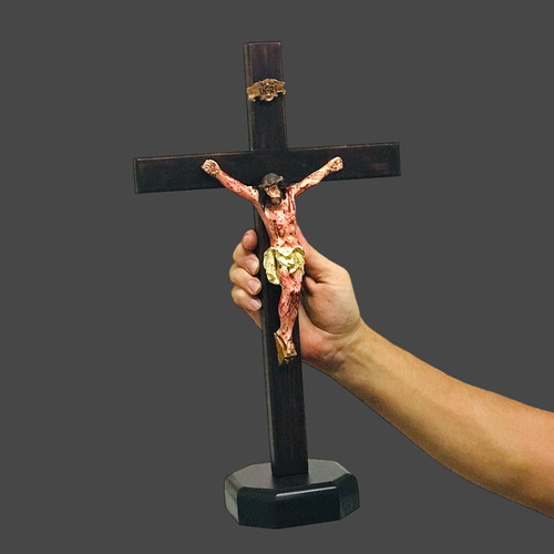 Crucifixo Mesa E Parede Madeira Cristo Chagado Resina 40 Cm