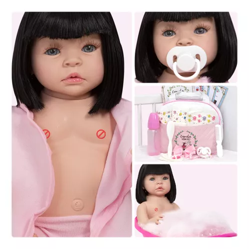 Boneca Bebe Reborn Fofinha Morena Com Bolsa Kit Acessórios em