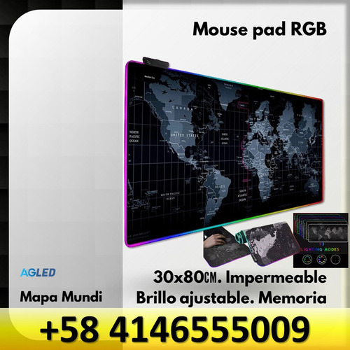 Mouse Pad Rgb 30x80cm Mapa Mundi Impermeable Brillo Ajustabl