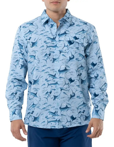 Camisa Guy Harvey Tonal Bills Manga Larga Color Azul 