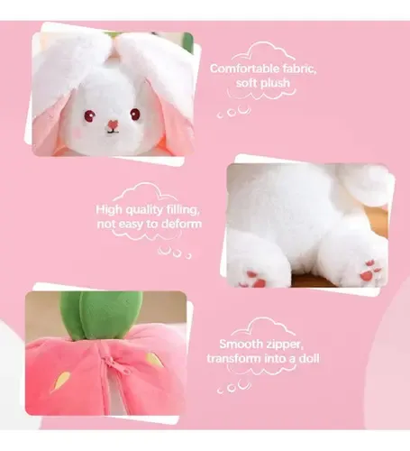 Conejito De Peluche Reversible Vibbang – Fresa O Zanahoria Por Fuera, Conejo Por Dentro, Con Cremallera, Rosa