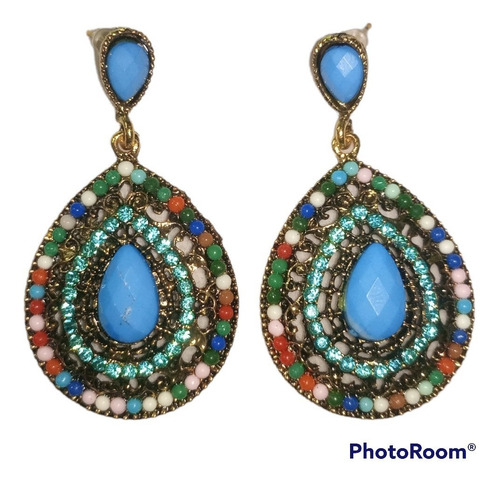 Aretes Piedras Antiguo Retro Azul Bohemia Mujer Detalle 