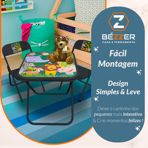 Mesinha Infantil Dobrável Conjunto Com 4 Cadeiras Aço Até 40 Kg Branco Floresta Zoológico