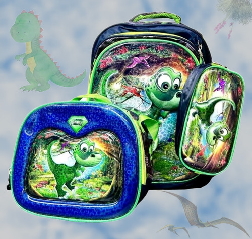 Mochila Escolar Para Niños, Astronauta, Autos Y Dinosaurio En Combo Con Lonchera Térmica Y Lapicera Con Diseño En 3d Con Glitter Y Luz Led