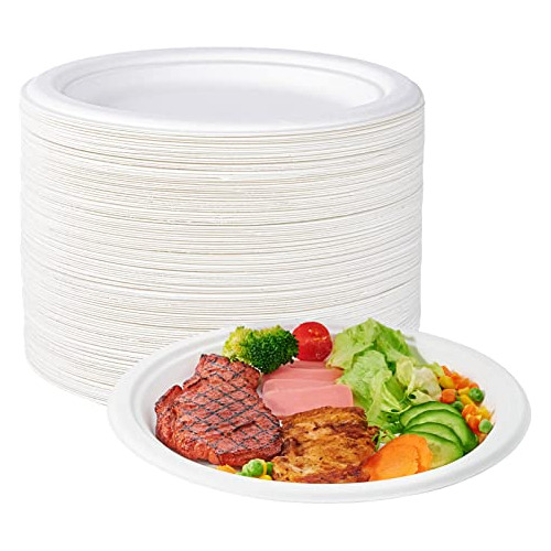 100% Compostable 10 Inch Paper Plates, 150 Pack Heavy D...