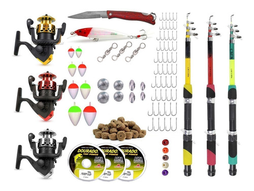 Kit De Pesca C/ 3 Varas Telescópicas 3 Molinetes+ Acessórios