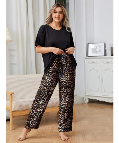Conjunto De Pijama Con Estampado De Leopardo De Talla Grande