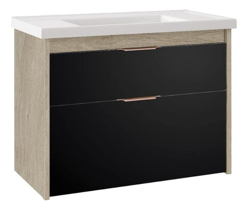 Gabinete Banheiro Cuba Resina 62cm Vêneto Preto Madeirado