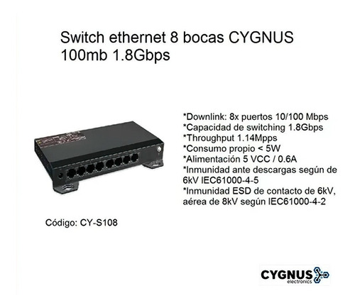 Imagen 3 de 3 de Switch Cctv Ethernet 8 Puertos Anti Descargas Cy-s108 Fuente