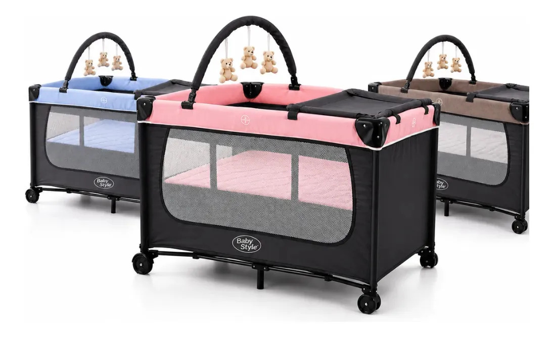 Berço Bebê Trocador Desmontável Mobile Baby Style Rosa Joly Cor Cinza/cinza