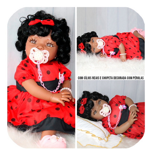 Boneca Bb Reborn Menina Negra Realista Grande+chupeta Sapato