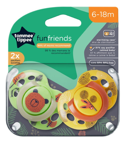 Chupete Tommee Tippee Fun Friends 18-36 Meses Cod.9301 Color Verde y Amarillo Período de edad 6-12 meses