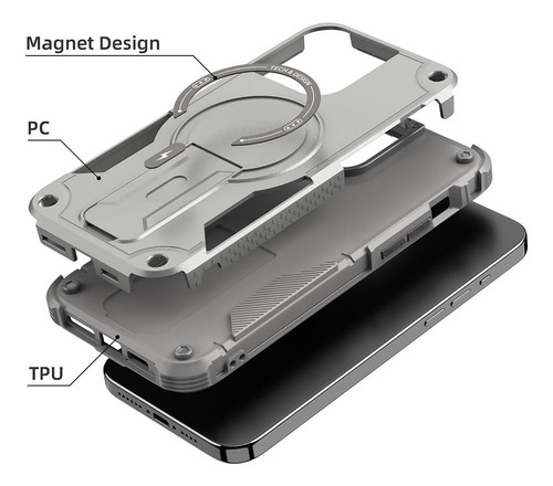 Funda Armor C/ Soporte Correa Antirobo Magsafe Para Iphone Plateado 16 Pro Max
