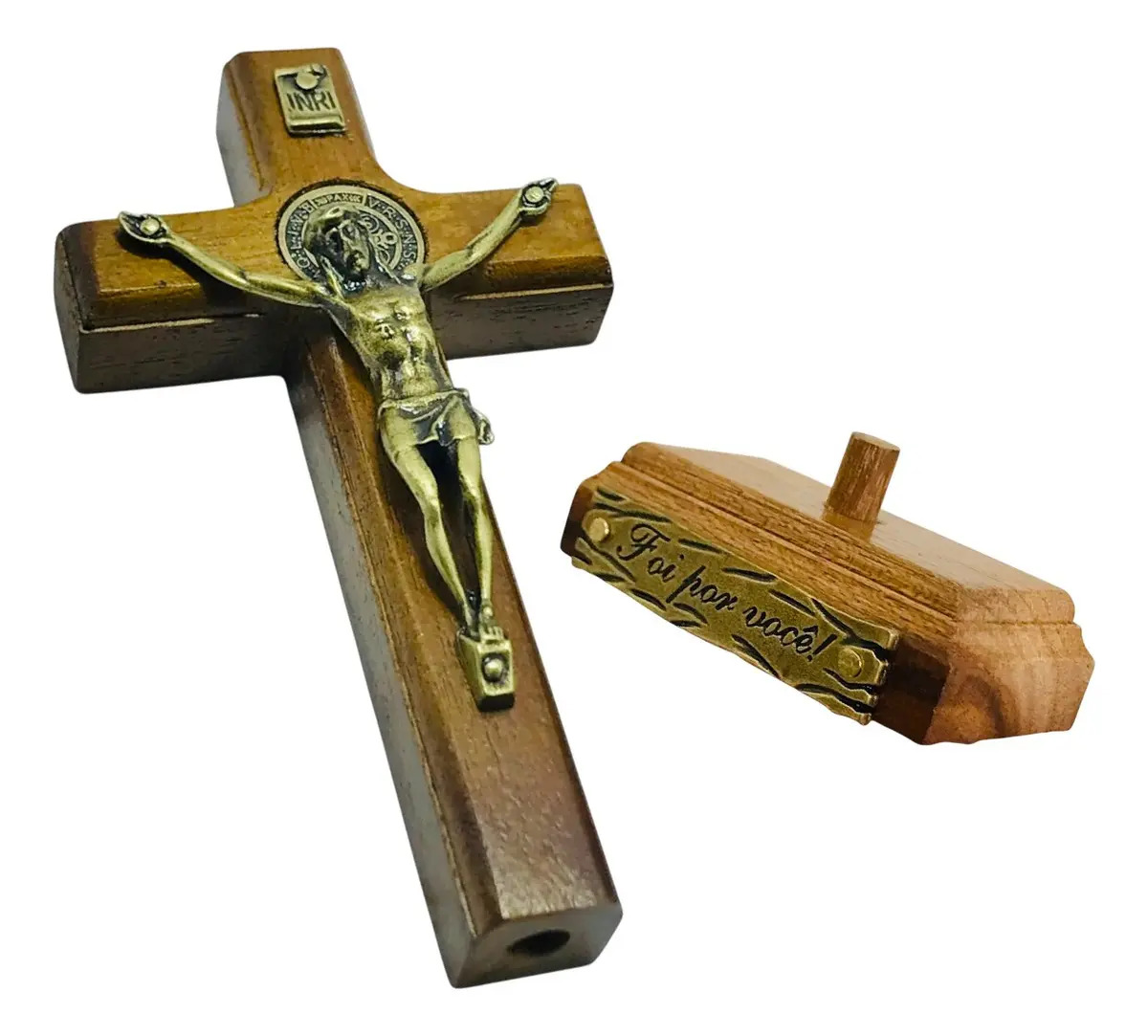 Crucifixo Cruz Parede E Mesa Aramom Medalha São Bento Pequeno 12cm