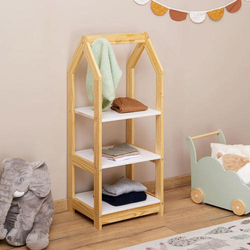 Perchero Infantil Montessori Con Estantes Mueble Ropero Niño Marrón Claro