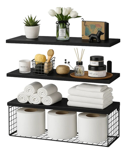 Set Repisa Flotantes Estante De Madera 3 Nivel Canasta 40x15