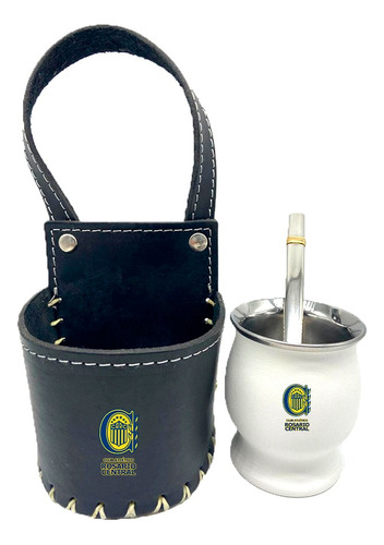 Mate Acero Y Porta Mate Cuero Para Auto Rosario Central