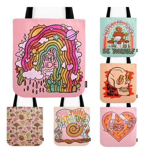 Bolsa Tela Aesthetic Tote Bag Retro Happy Hongos Funky Color To The Other Side