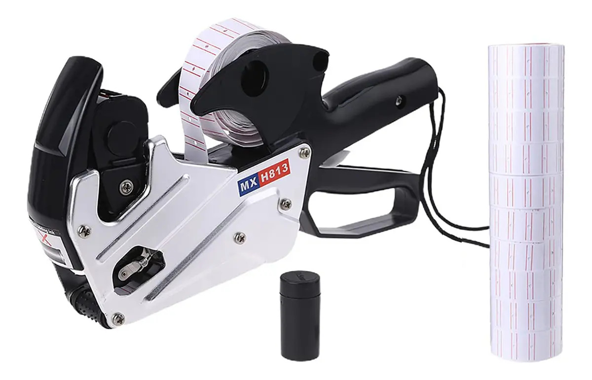 Etiquetadora Metálica MX-H813 Manual de 8 Dígitos, 1 Línea para Precio, Lote, Fecha y Caducidad, Incluye 20 Rollos de Etiquetas y 1 Rodillo de Tinta, Ideal para Tiendas, Papelerías