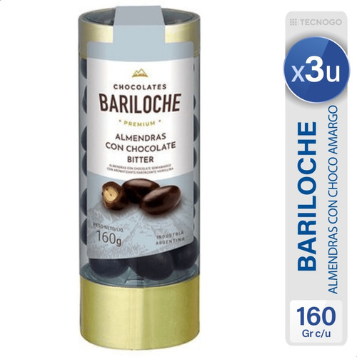 Almendras Bañadas Chocolate Amargo Bariloche Premium Pack X3