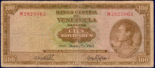 Billete De 100 Bolívares M7 De Mayo 7 De 1963 Simón Bolívar