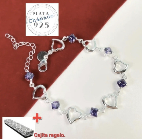 Pulsera Mujer Con Circones Purpura Y Corazón,plata Ley 925