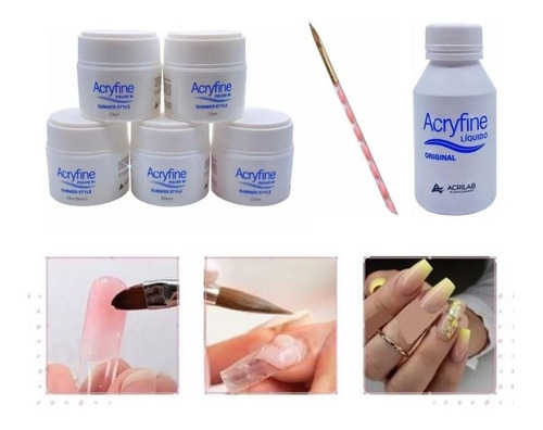 Kit Acryfine Polímero + Monomero + Pincel Uñas Esculpidas