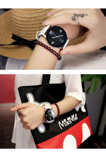 Juvenil Reloj Unisex Hombre O Mujer Imitacion Piel Suave Correa Negro Bisel Negro Fondo Blanco