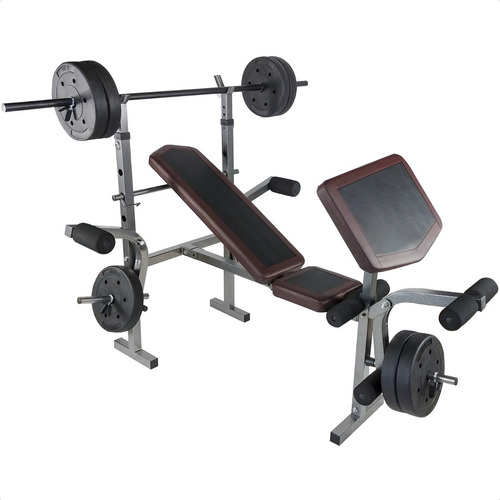 Banco Multiposiciones Kit Discos Gym Pesas Ejercicio Barra