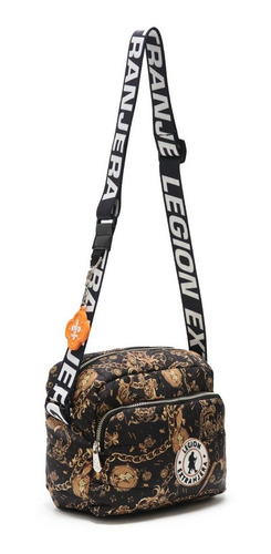 Imagen 2 de 4 de Cartera bandolera Legion Extranjera Cumbre Acapulco diseño estampado de poliéster cire negra con correa de hombro negra y blanca