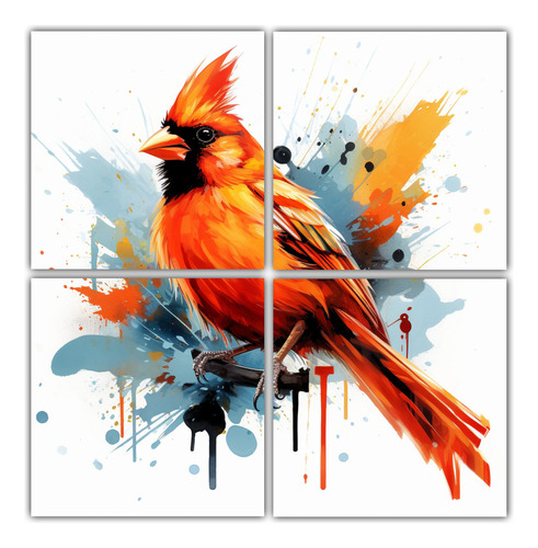 100x100cm Cuadro Aves Cardenal En Colores Naranjas Flores