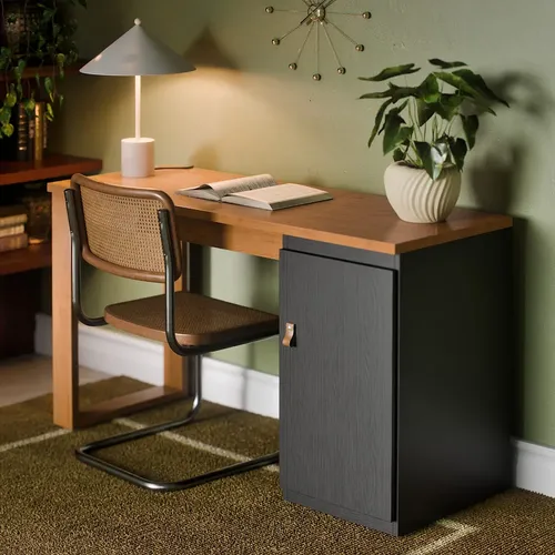 Escrivaninha Mesa Para Computador Paris 115cm Home Office Estudo Escritório Mdf Mdp 1 Porta Armário Lateral Puxador De Couro Cor Preto Canela Canela/preto