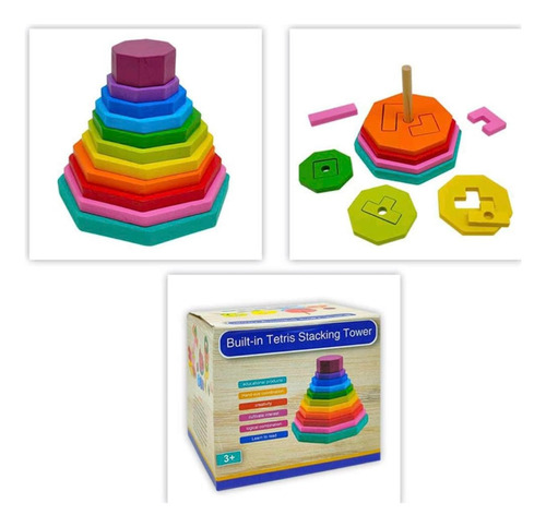 Juego Torre Geometrica Apilable De Aros Madera Montessori 