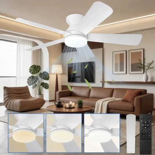 Ventilador de Teto XFYDF 42" Com Luz LED, 5 Pás, Motor Silencioso e Controle Rem