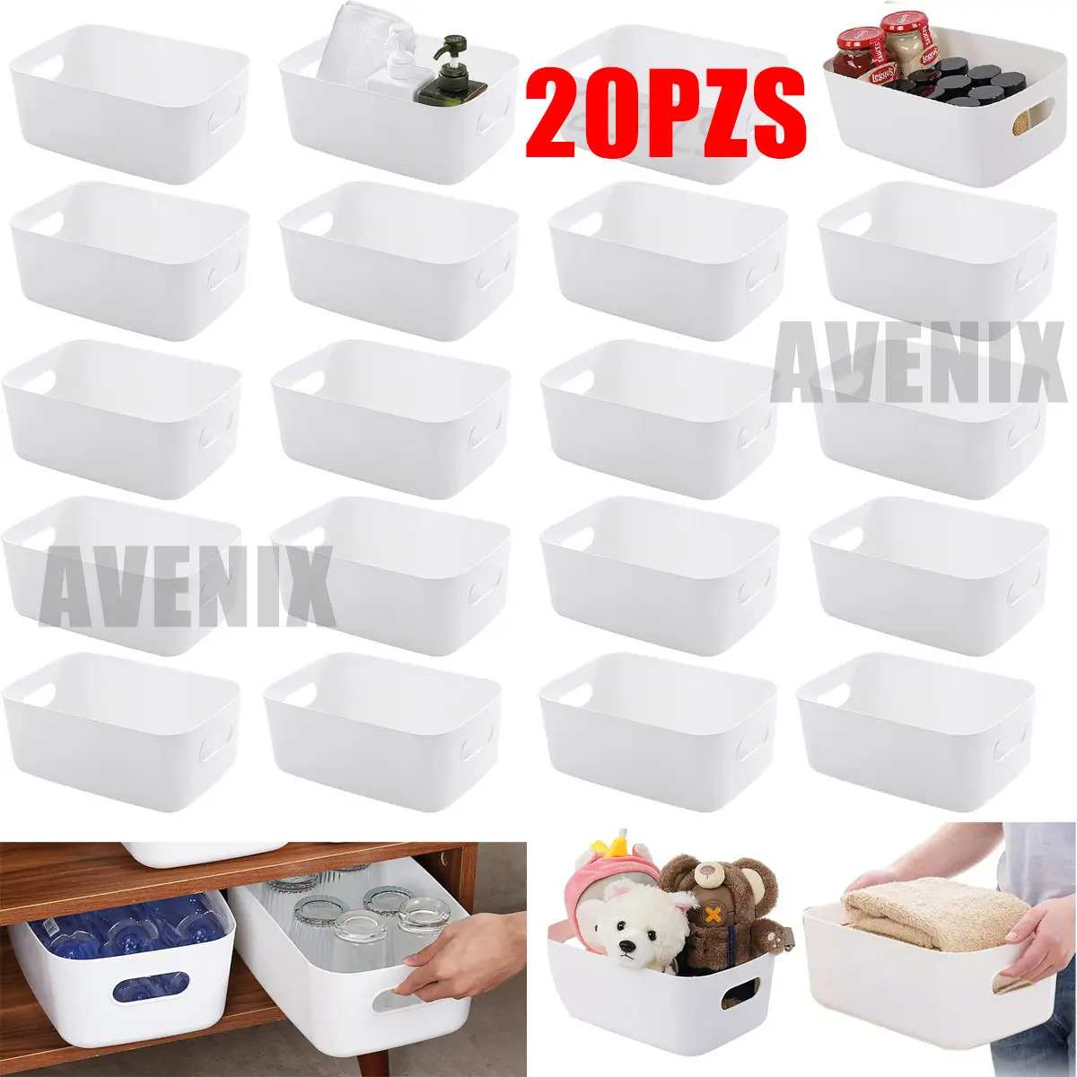 Pack de 20 Cestas Organizadoras de Plástico con Asas para Almacenamiento Multiusos