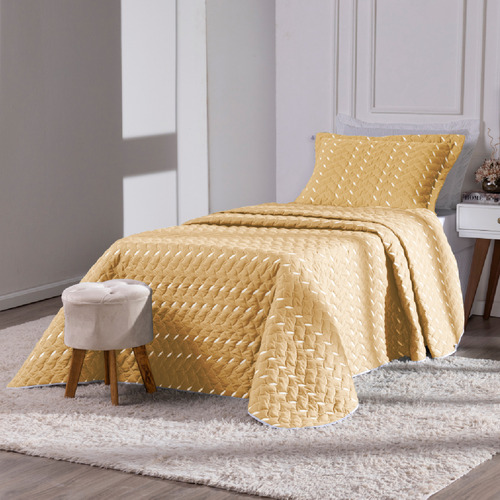 Kit Cobreleito Solteiro Liso Matelado Bordado Coxa 400 Fios Cor Amarelo Mostarda Folha Bordada