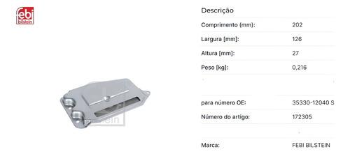 Filtro De Cambio Com Junta Febi 172305 A245 Toyota Corolla