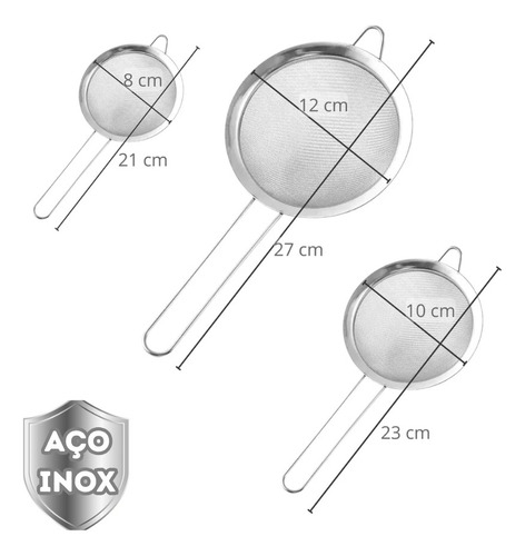 Kit 3 Peneiras Aço Inox Coador 8cm 10cm E 12cm Filtro Café