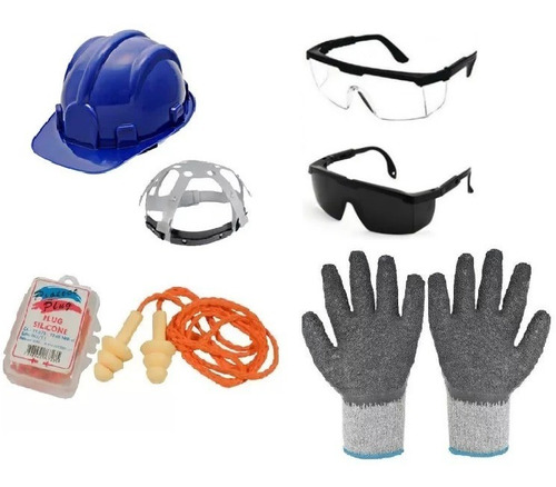 Kit Obras Capacete + Óculos + Protetor Plug + Luva Proteção 