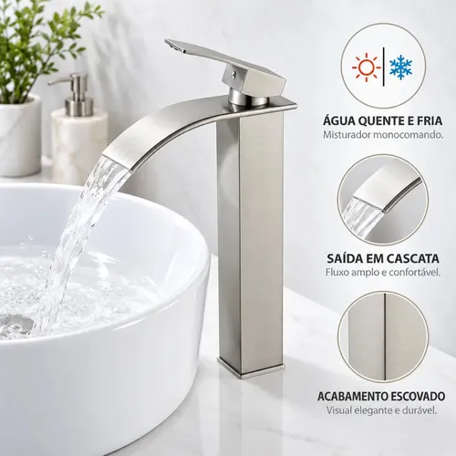 Torneira Cascata Monocomando para Cuba de Apoio Inox Escovado Bica Alta Água Quente e Fria
