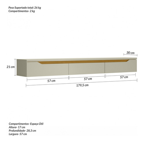 Rack Suspenso Uno P/ Tvs Até 65 Pol 180cm 2 P- Olivar Cor Off White Bege Ac Cedro Frj Ac