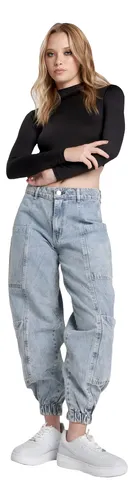 Pantalon Cargo De Jean Rígido Con Elástico En El Tobillo