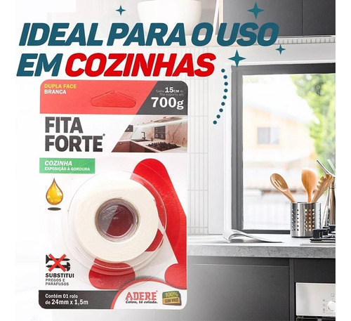 Fita Forte Dupla Face Cozinha Gordura 24mm X1,5m Adere Cor Branco Liso