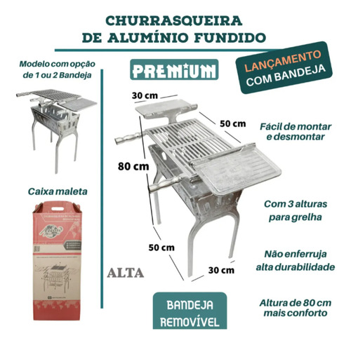Churrasqueira 80cm De Alumínio Fundido Com 2 Bandejas Funcio