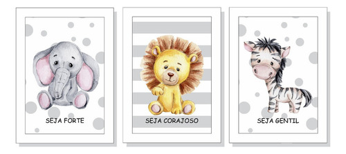 Quadros Safari Animais Infantil Seja Forte Corajoso Cinza Cor Kit 1 Branco