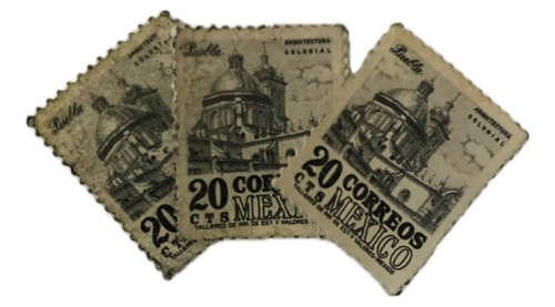 2 Sellos Postales México 1950 Puebla Arquitectura 20 Centavo