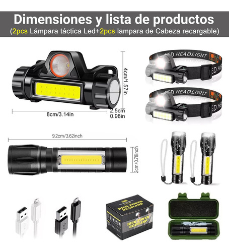 Linternas Frontales Led Recargables + Linternas Xpe+cob De Cabeza Usb 2000 Lúmenes, Linternas Frontales Ajustables Y Portátiles Para Equitación, Senderismo, Camping Y Otras Actividades Al Aire Libre