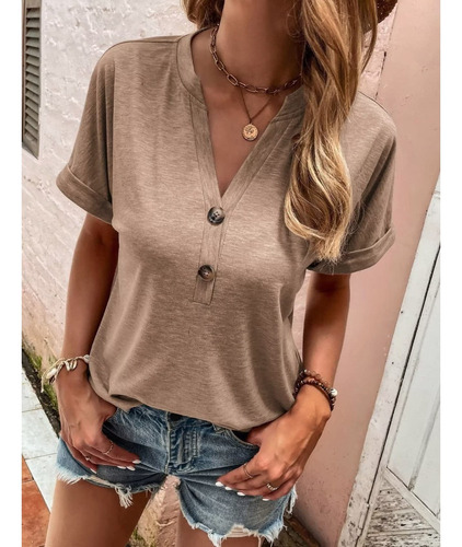 Blusa Casual De Moda Con Cuello En V Y Manga Enrollada